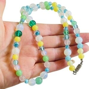VTG Estate Necklace Yellow blue opalite art Glass Beads single strand rare 22"